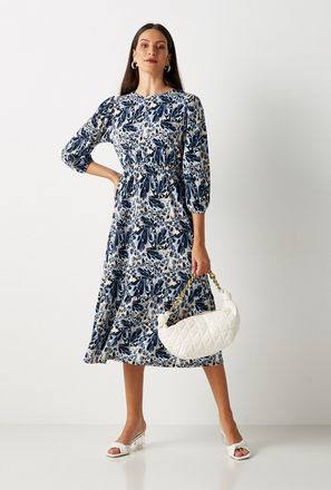 All Over Print Tiered Midi Dress with Round Neck and 3/4 Sleeves