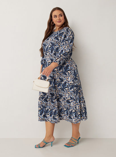 All Over Print Tiered Midi Dress with Round Neck and 3/4 Sleeves-Midi-image-0