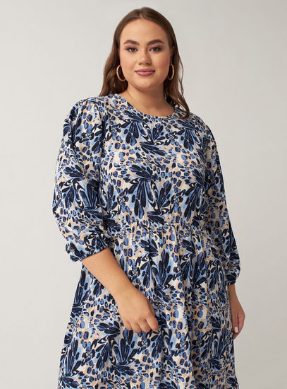 All Over Print Tiered Midi Dress with Round Neck and 3/4 Sleeves-Midi-image-1