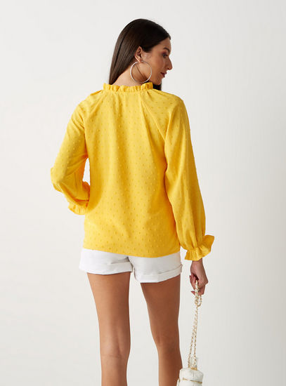 Textured Hip Length Top with Pie Crust Neck and Elasticated Sleeve Hems