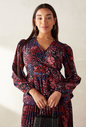 Floral Print Wrap Top with Long Sleeves and Tie-Up Belt