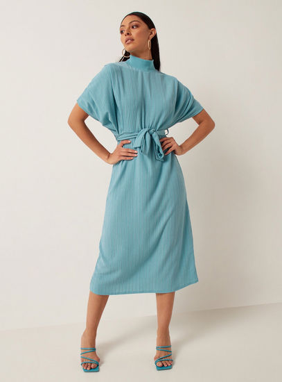 Textured High Neck Midi Dress with Tie-Up Belt and Short Sleeves