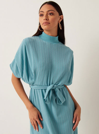Textured High Neck Midi Dress with Tie-Up Belt and Short Sleeves