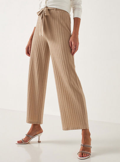 Textured Flared Leg Pants with Tie-Up Belt