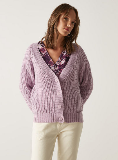 Cable Knit Textured Cardigan with V-neck and Long Sleeves-Sweaters & Cardigans-image-0