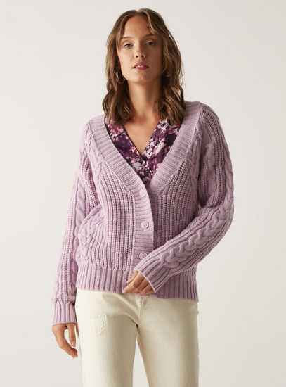 Cable Knit Textured Cardigan with V-neck and Long Sleeves-Sweaters & Cardigans-image-1