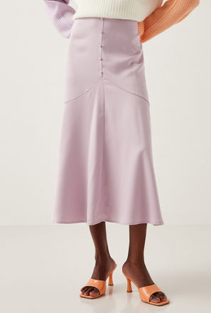Solid Midi Skirt with Button Detail and Semi Elasticated Waistband