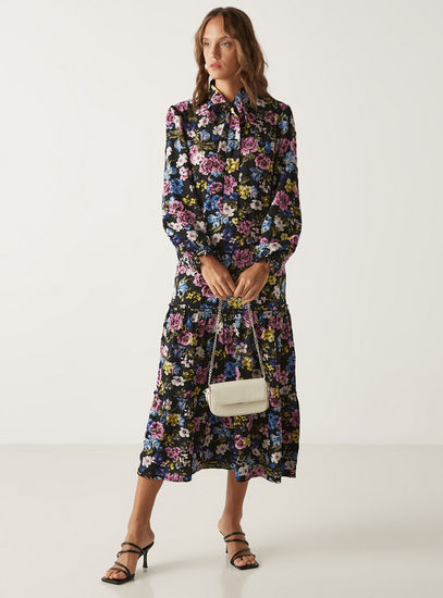 Floral Print Tiered Midi Dress with Pussy Bow Collar and Long Sleeves