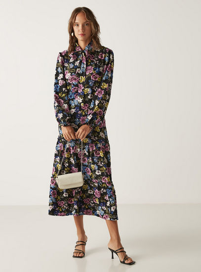 Floral Print Tiered Midi Dress with Pussy Bow Collar and Long Sleeves