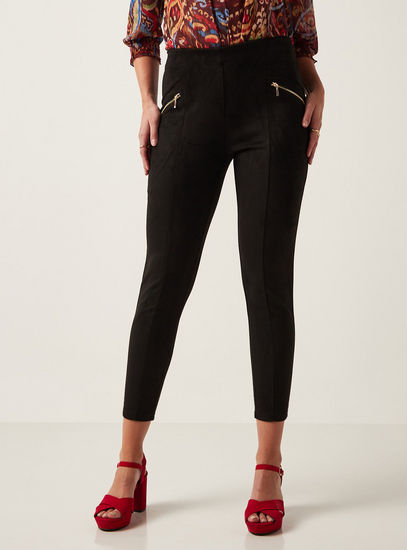 Solid Suede Treggings with Zipper Pockets