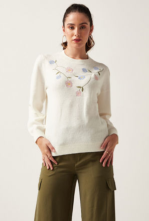 Floral Embroidered Crew Neck Jumper with Long Sleeves