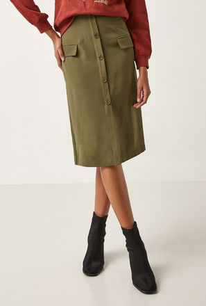 Solid Midi Skirt with Button Detail and Flaps