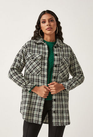 Houndstooth Print Tweed Shacket with Collar and Long Sleeves