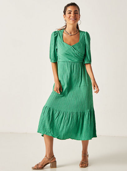 Textured Midi Dress with Puff Sleeves and Flounce Hem