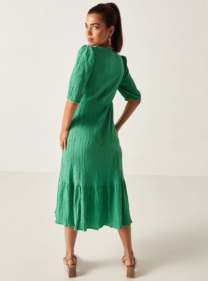 Textured Midi Dress with Puff Sleeves and Flounce Hem