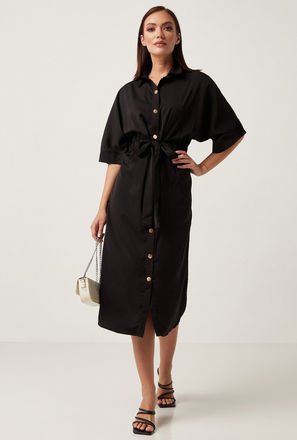 Solid Midi Shirt Dress with Tie-Up Belt and Kimono Sleeves