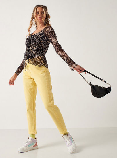 Animal Print Top with Tie-Up Detail and Long Flared Sleeves