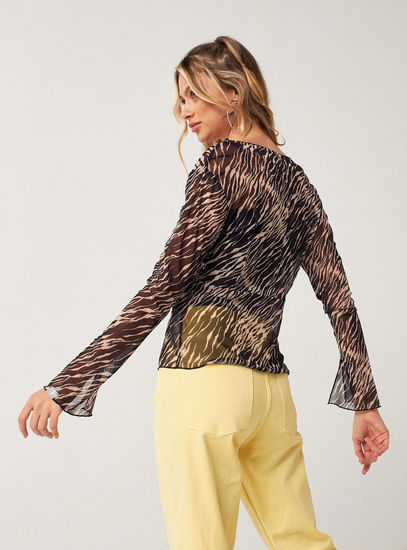 Animal Print Top with Tie-Up Detail and Long Flared Sleeves