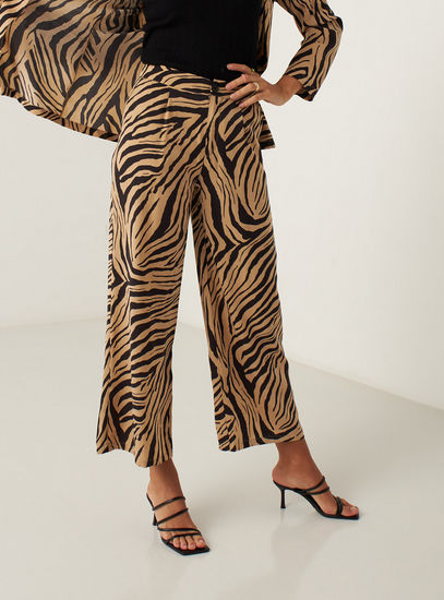 Zebra Striped Wide Leg Trousers with Button Closure and Pocket