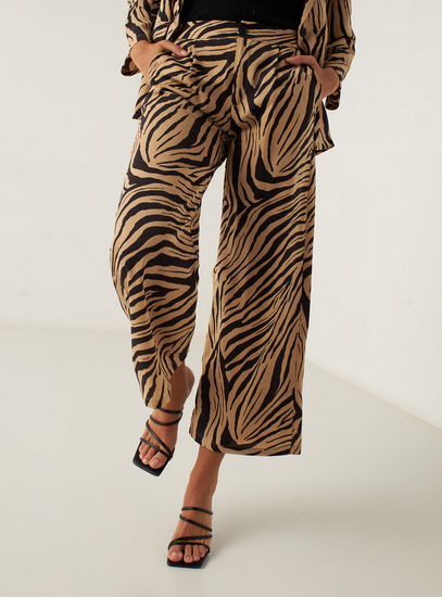 Zebra Striped Wide Leg Trousers with Button Closure and Pocket