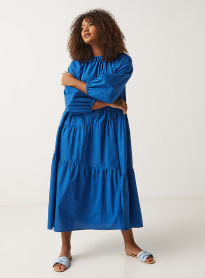 Solid Maxi Tiered Dress with Long Sleeves and Button Closure-Dresses & Jumpsuits-image-0