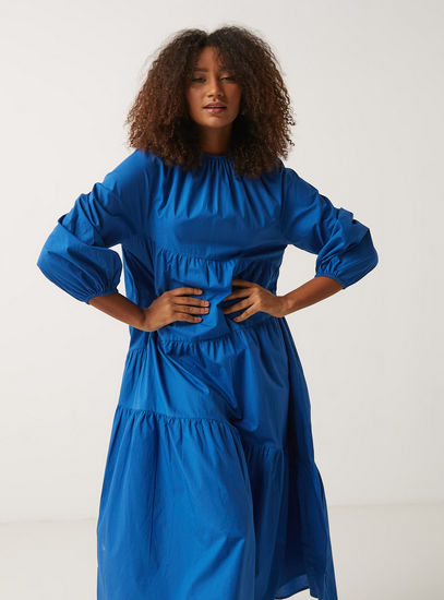 Solid Maxi Tiered Dress with Long Sleeves and Button Closure-Dresses & Jumpsuits-image-1