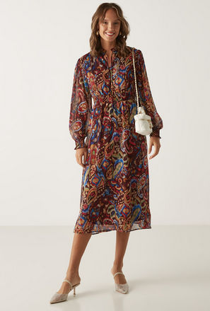 Printed Midi Dress with Neck Tie-Ups and Long Sleeves