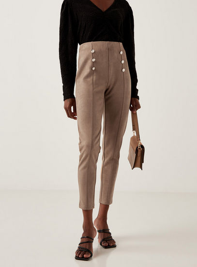 Solid High-Rise Pants with Button Detail