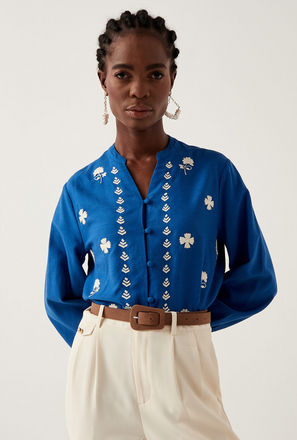 Floral Embroidered Longline Top with Button Closure and Long Sleeves
