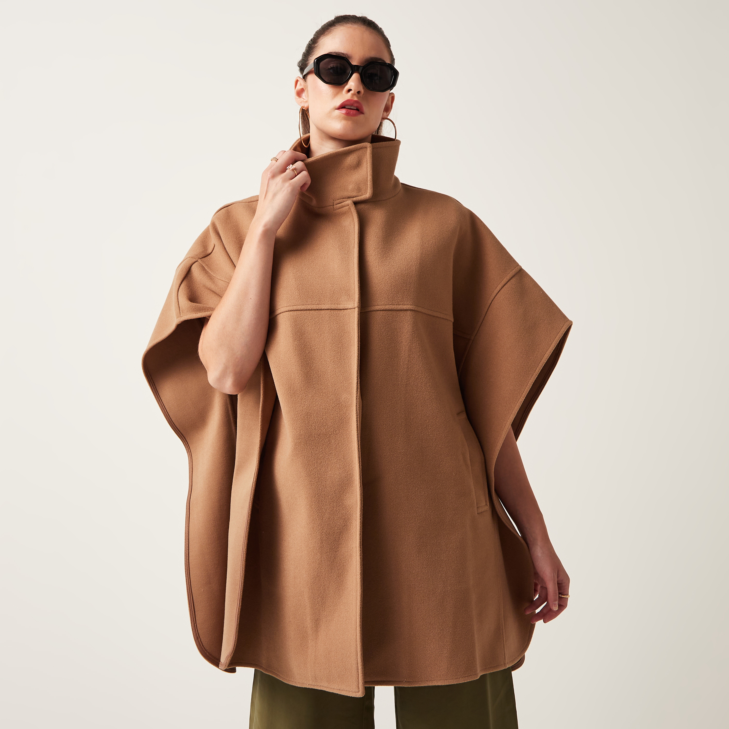 Shop Solid Cape Jacket with High Neck and Button Closure Online | Max Qatar