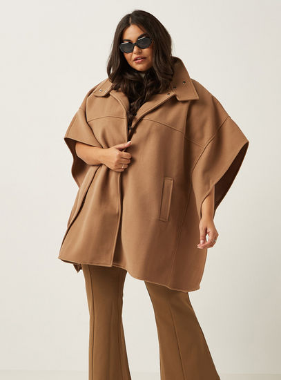 Solid Cape Jacket with High Neck and Button Closure-Jackets-image-0