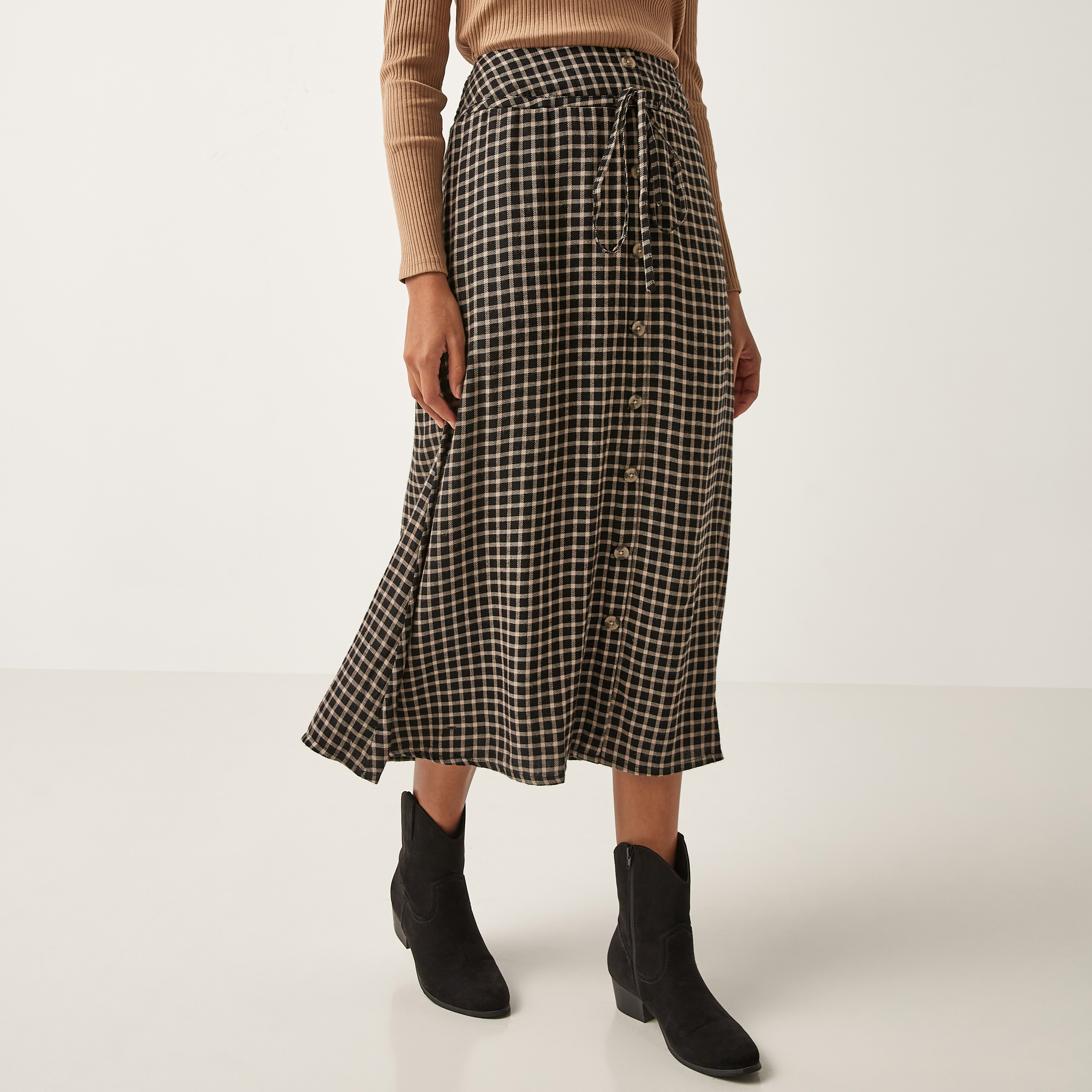 Shop Checked Midi Skirt with Button Detail and Tie Ups Online Max Egypt