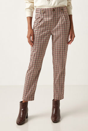 Checked Jacquard Pants with Button Closure and Pockets