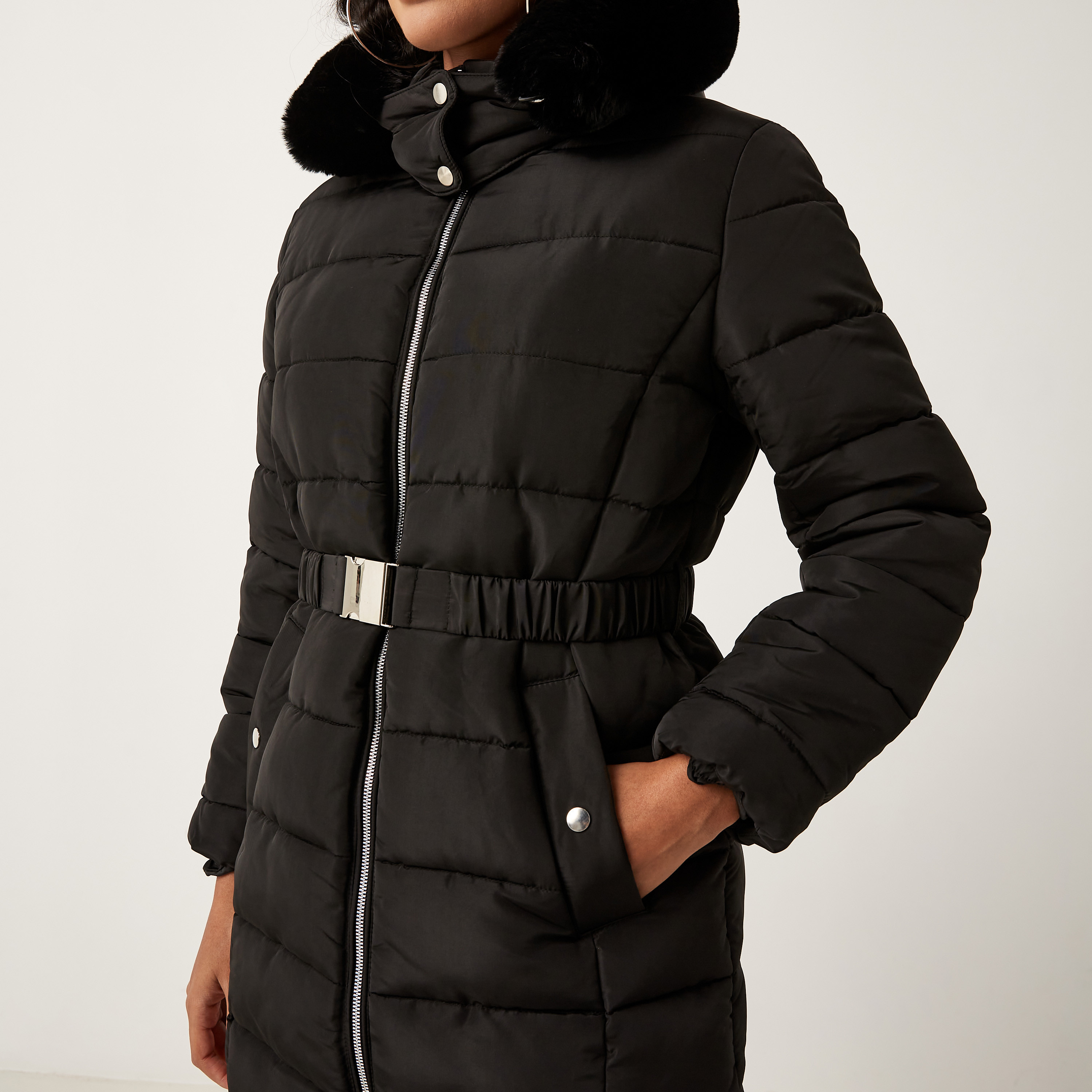 Longline puffer jacket with fur hood hotsell