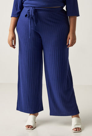 Ribbed Wide Leg Pants with Belt Tie-Ups