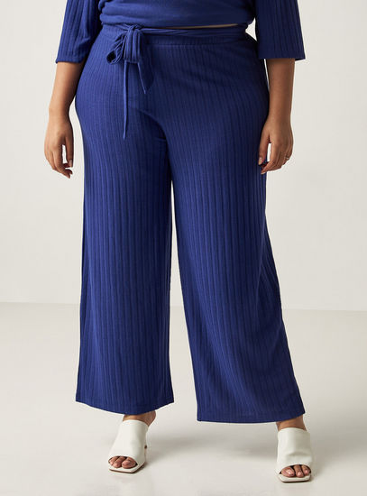 Ribbed Wide Leg Pants with Belt Tie-Ups
