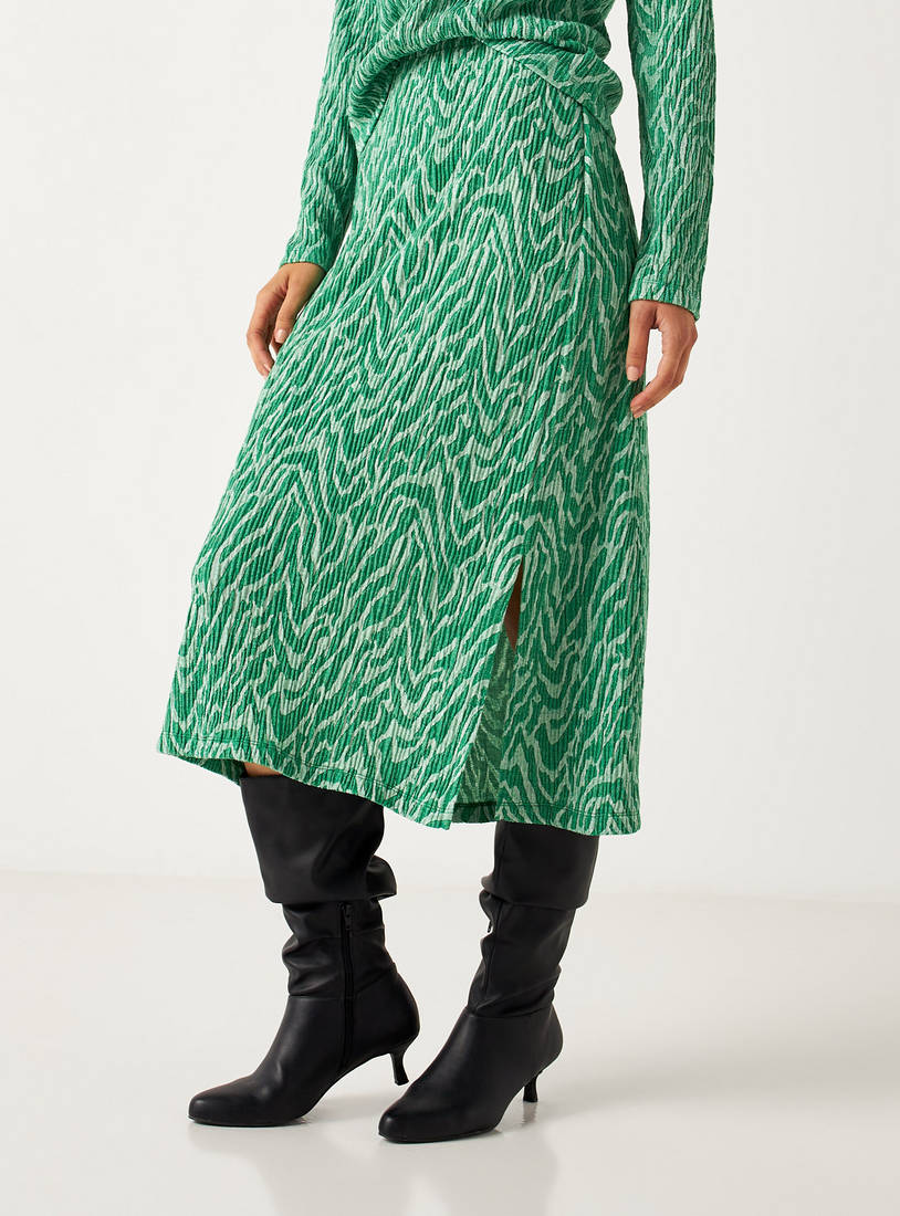 Printed A-line Skirt with Slit Detail-Midi-image-0