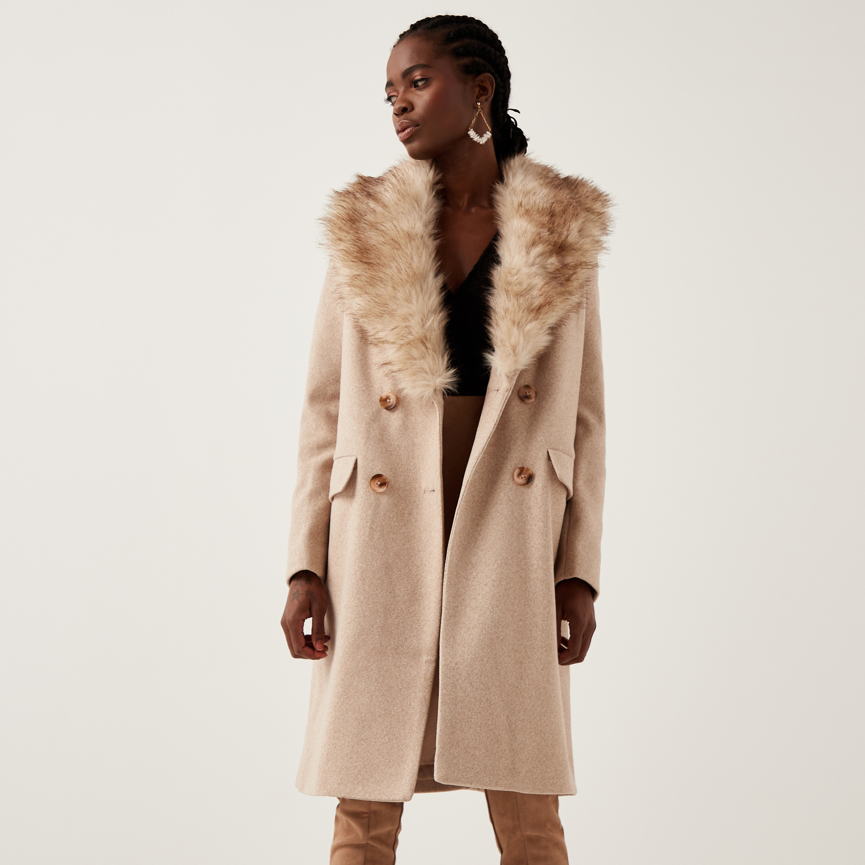 Shop Faux Fur Longline Overcoat with Long Sleeves and Pockets Online Max Kuwait