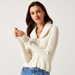 Ribbed Cardigan with Fur-Lined Collar and Button Closure