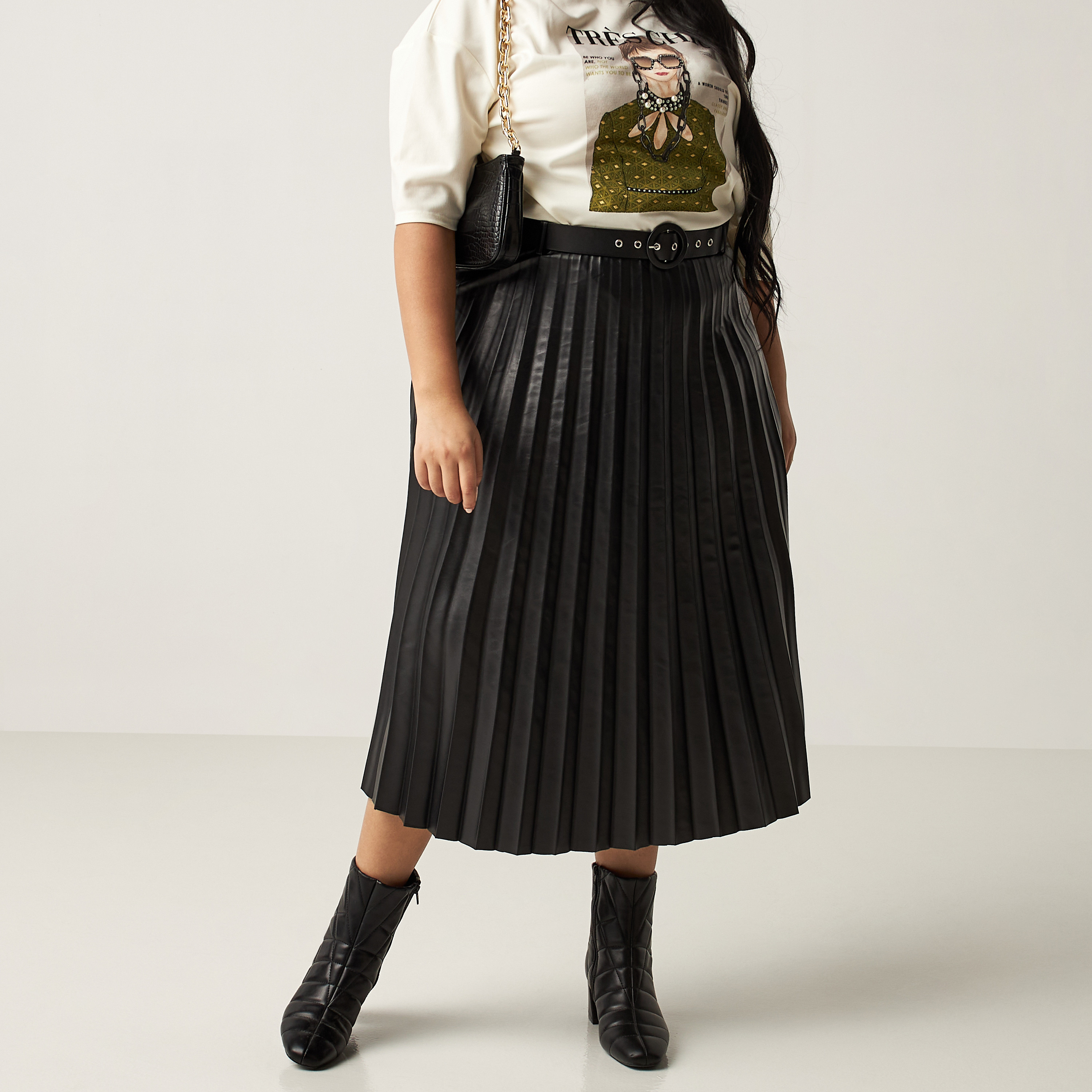 Shop Pleated Midi Skirt with Buckled Waist Belt Online Max Qatar