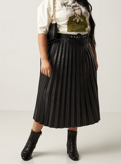 Pleated Midi Skirt with Buckled Waist Belt-Midi-image-0