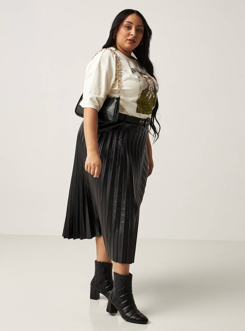 Pleated Midi Skirt with Buckled Waist Belt-Midi-image-1