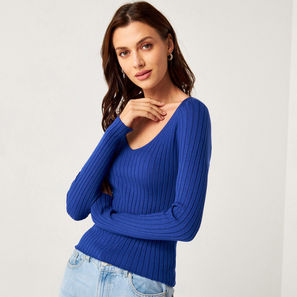 Ribbed V-neck Sweater with Long Sleeves