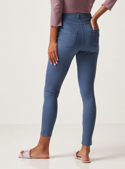 Solid Twill Leggings with Elasticated Waistband and Button Accent