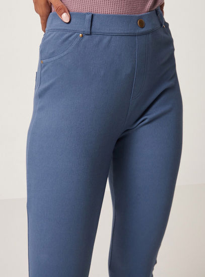 Solid Twill Leggings with Elasticated Waistband and Button Accent