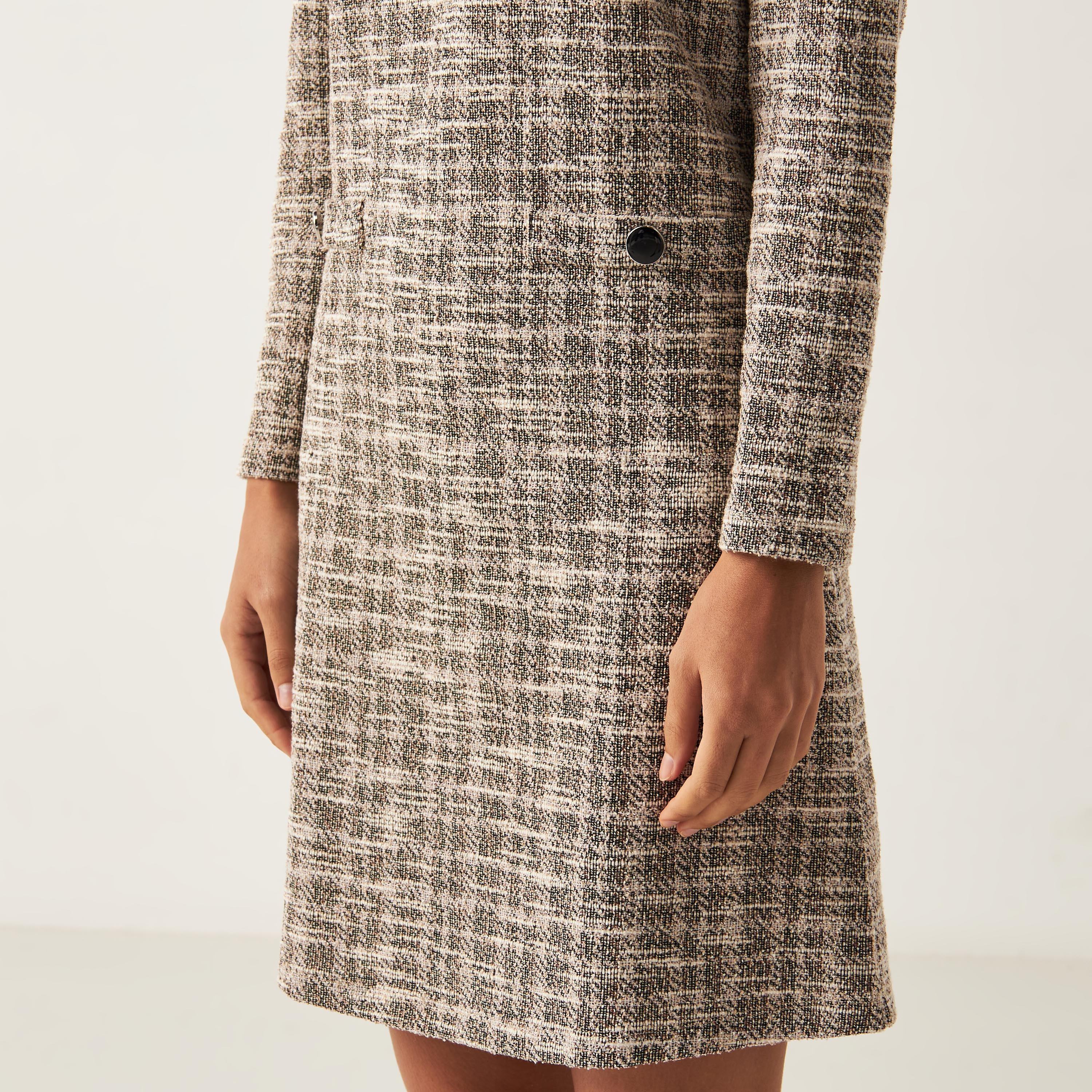 Shop High Neck Tweed Dress with Long Sleeves and Front Pockets