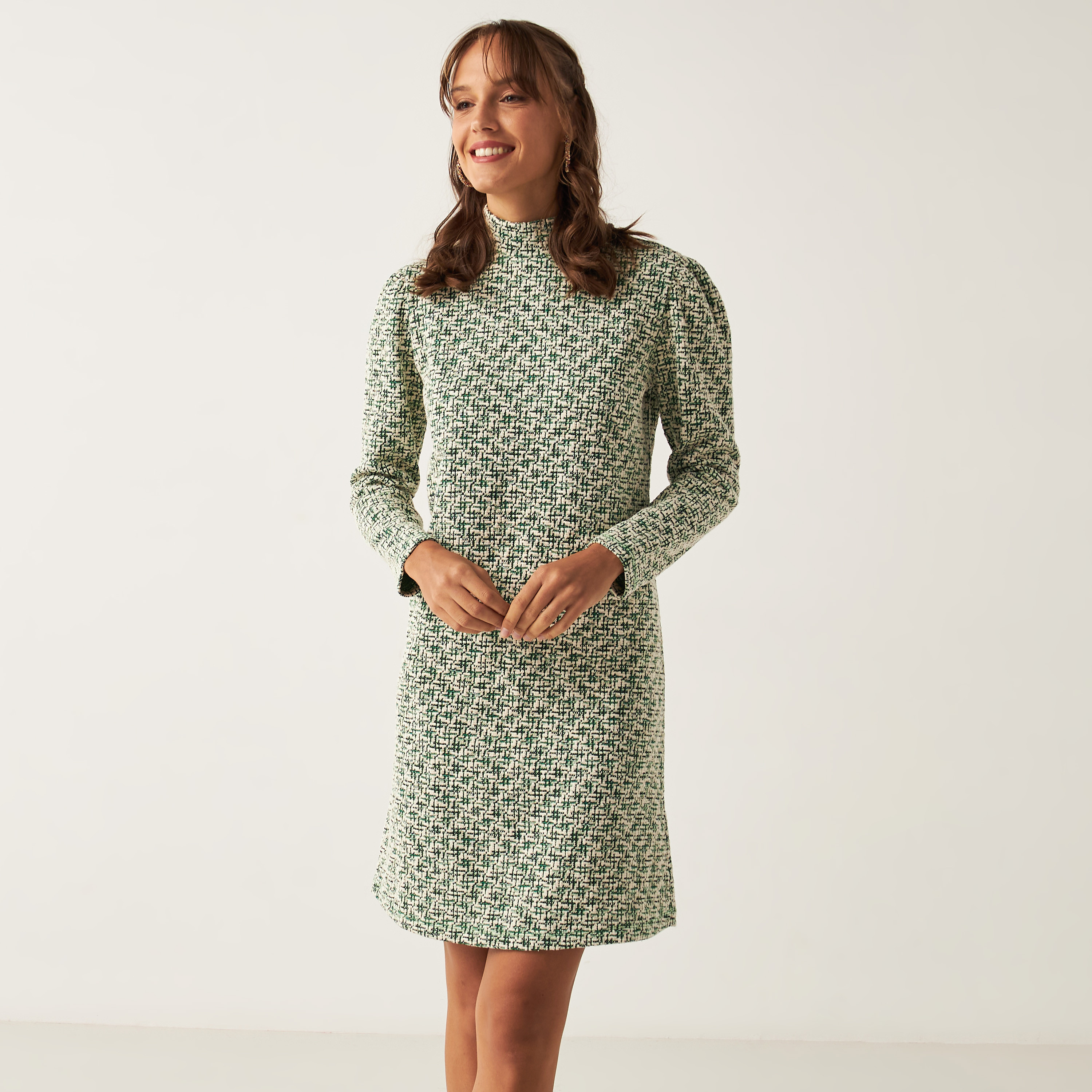 Shop High Neck Tweed Dress with Long Sleeves and Front Pockets