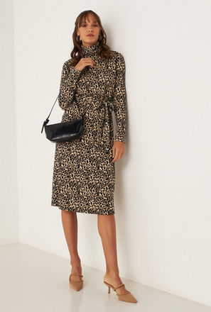 Animal Printed Turtle Neck Midi Dress with Long Sleeves and Belt Detail