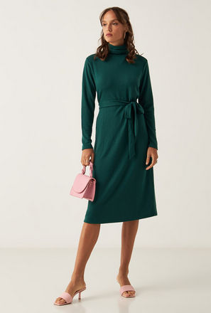 Solid Turtle Neck Midi Dress with Long Sleeves and Belt Detail