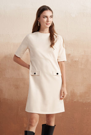 Solid Shift Dress with Short Sleeves and Suede Button Accents